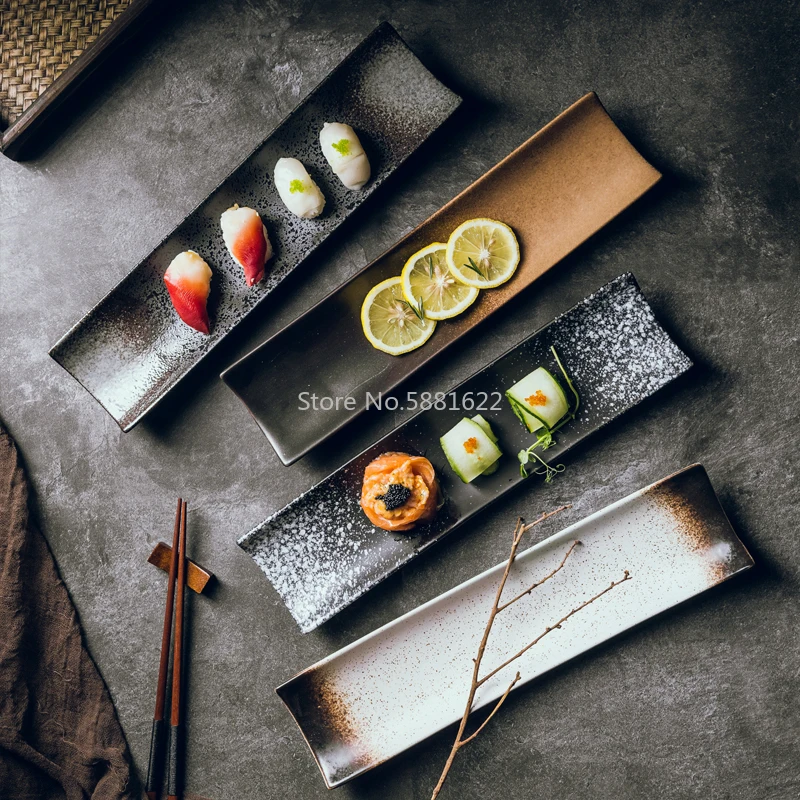 Japanese Style Long Plate Creative Rectangular Sushi Black Simple Restaurant Tableware Supplies | Дом и сад