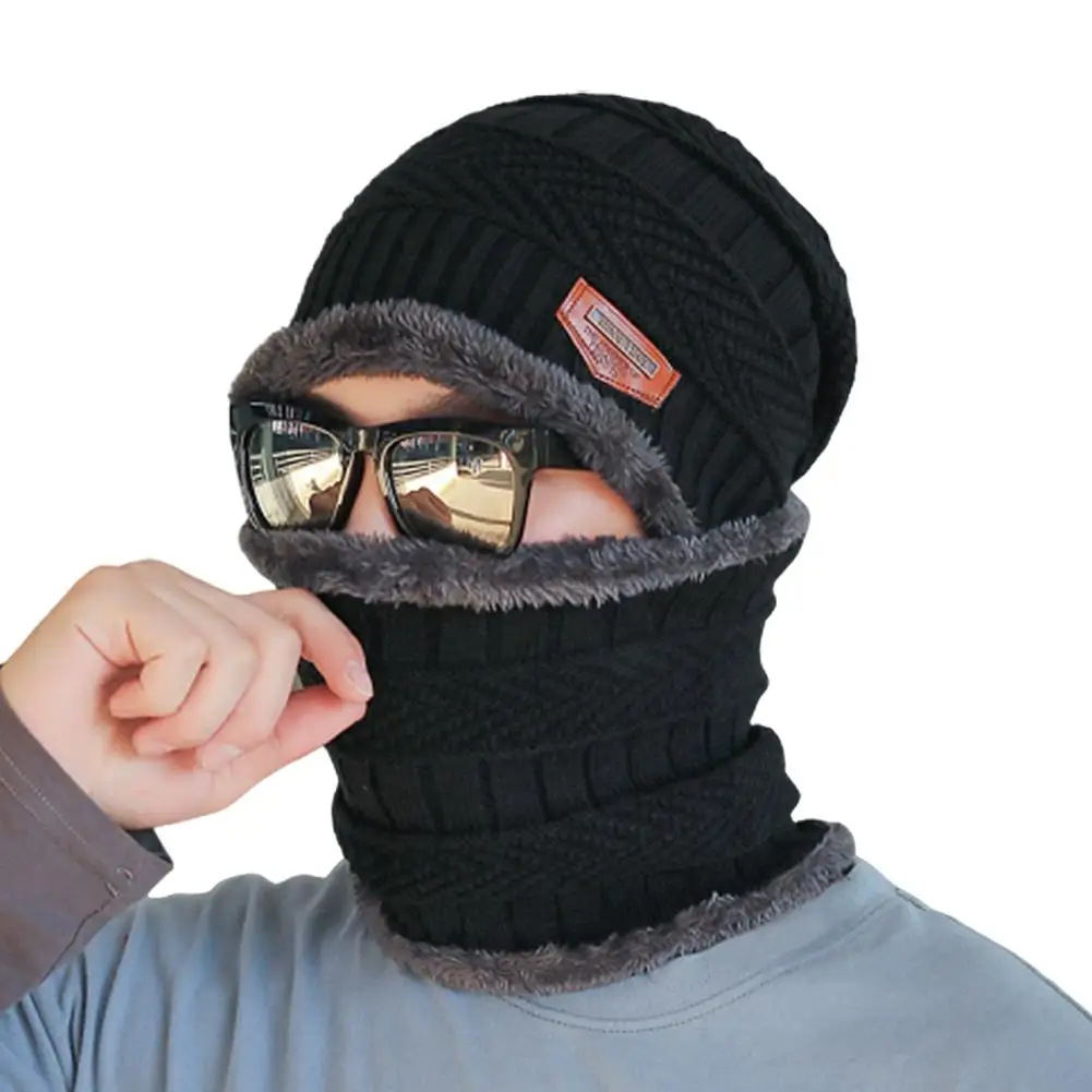 Black Комплект из 2 предметов, зимняя шапочка-шарф, зимняя теплая шерстяная мягкая шапка, зимняя теплая вязаная шапка с шарфом, комплект Skullies Beanies - Цвет: Black