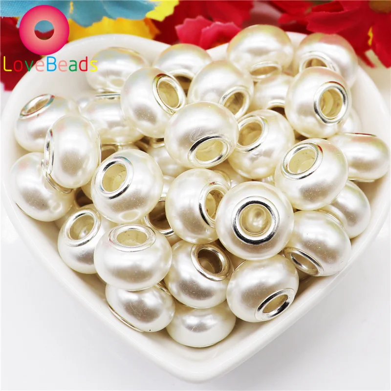 10Pcs White Color Pearl Resin Murano Charms European Beads Big Hole Beads Rondelle Spacer Fit Snake Chain Charm Pandora Bracelet