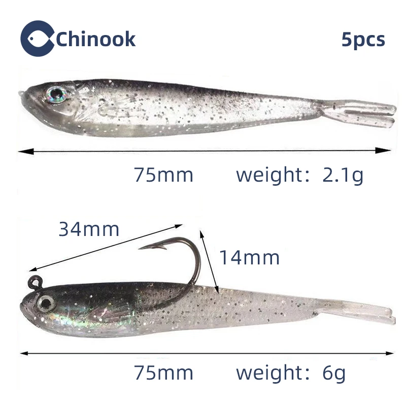 Chinook 5pcs Soft Bait Soft Fish Fork Tail with or without Hook Fish Artificial Silicone Fish Bait Fishing Tackle
