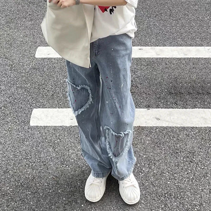 2021 New Women Big Heart Hole Jeans Mid Waist Boyfriend Loose Trousers Casual High Street Denim Pants Sexy Vintage Straight Jean