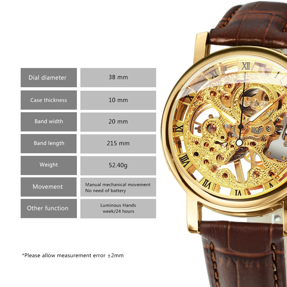 Winner Transparent Golden Case Skeleton Watch for Men Leather Strap Mens Watches Top Brand Luxury Mechanical Clock часы мужские