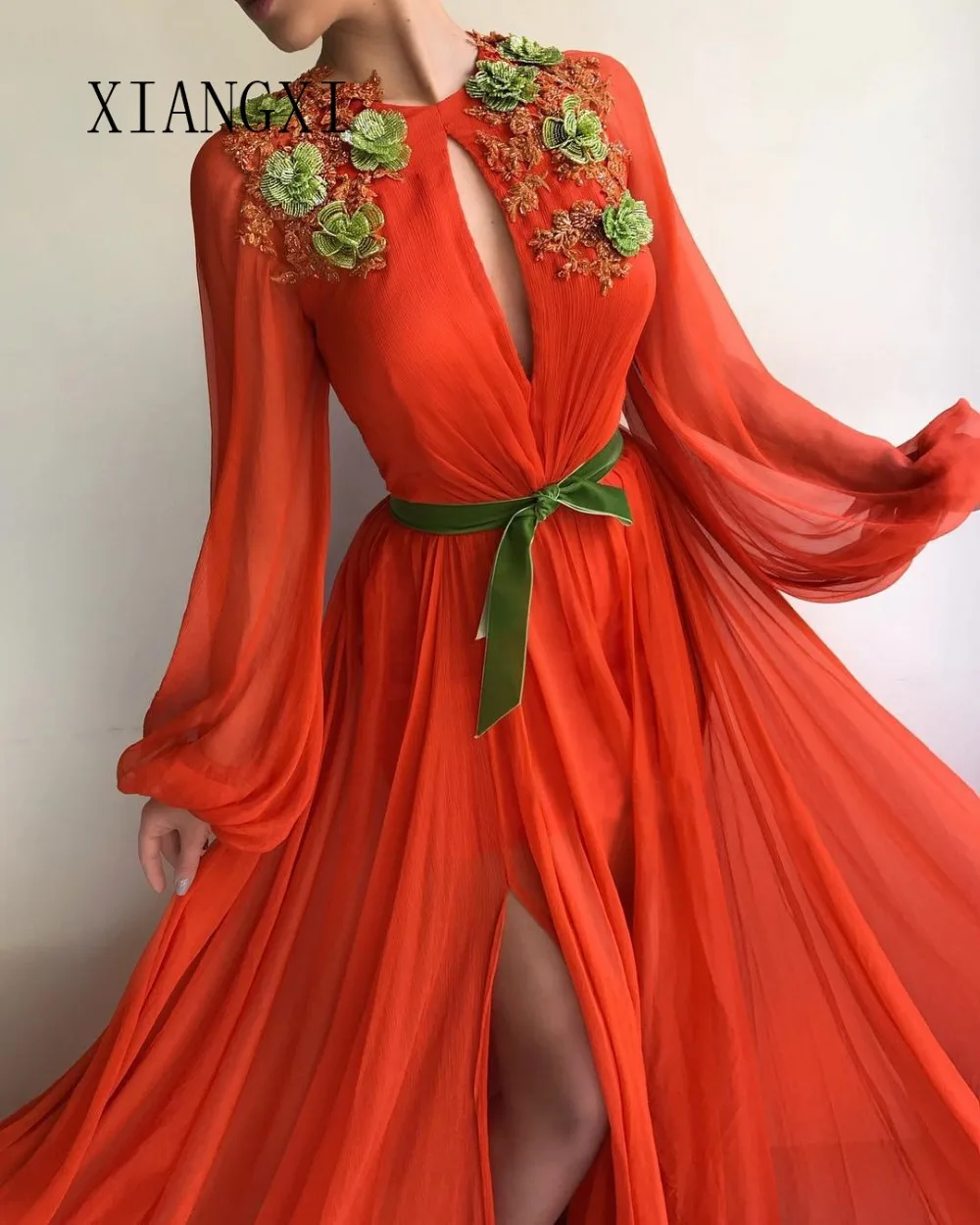 Vestidos de festa оранжевые Вечерние платья Длинные шифоновые трапециевидные с круглым вырезом Длинные рукава с разрезом длина до пола формальное вечернее платье