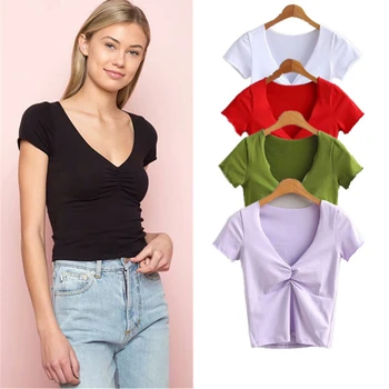 

V-neck Super Soft Cotton T Shirt Womens 2020 Summer New Solid Stretchable Short Sexy Slim Women's Tops Tshirt Casual OL Clothing