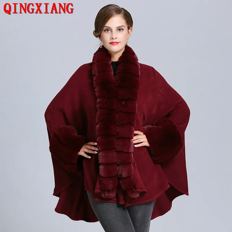 

2019 Knitted Solid Striped Faux Fox Fur Neck Coat Women Long Loose Cardigan Winter Warm Thick Outwear Batwing Sleeves Big Cloak