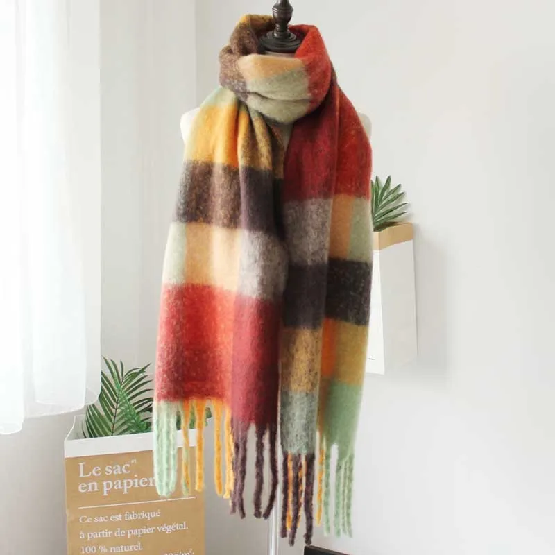 Высококачественный брендовый клетчатый шарф для женщин, зимний кашемировый длинный шарф с кисточками, женские толстые Осенние большие теплые шали на шею 210 см