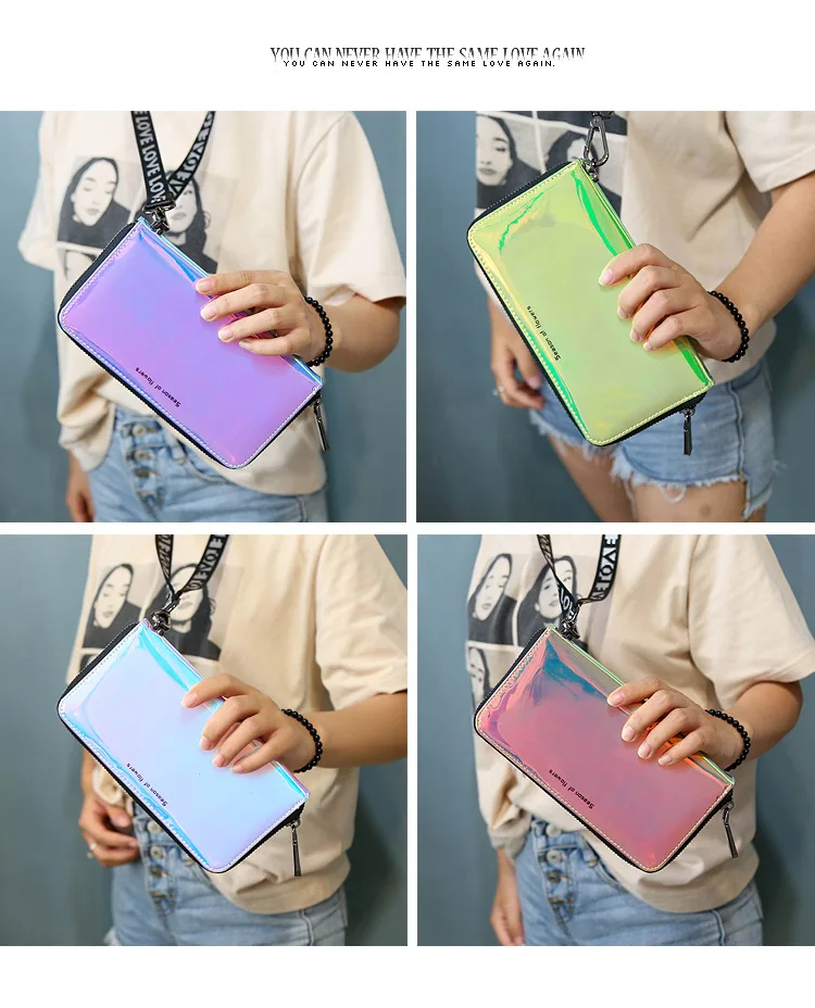 New Lanyard Laser Holographic Wallet Women Long Purse Female Clutch Bag Women Wallets Purses Zip Phone Pocket