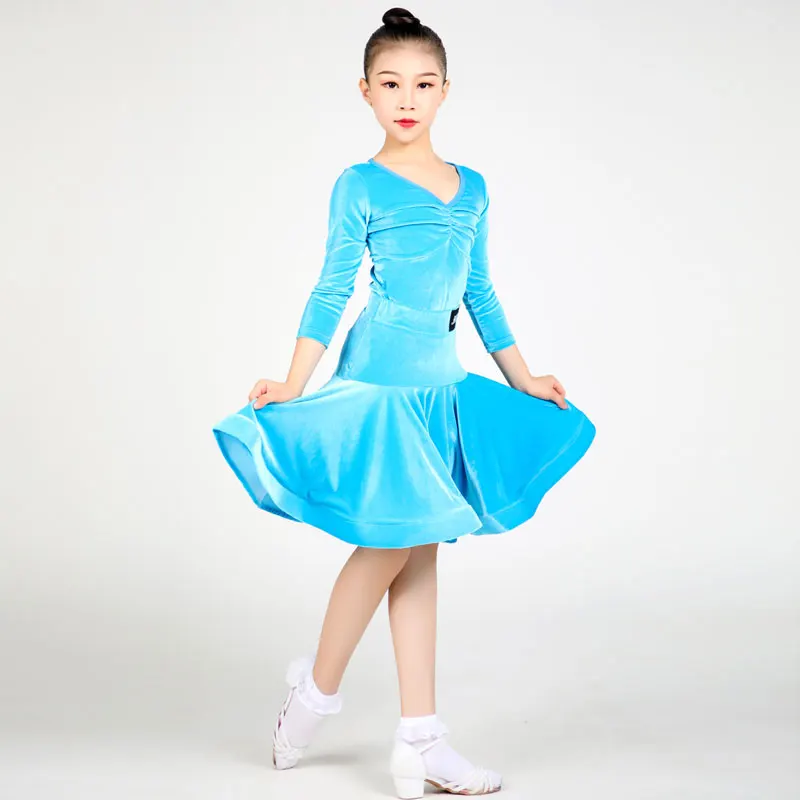 Blue Костюмы для латинских танцев для детей, одежда для занятий румбой, платья для конкурса бальных танцев, Одежда для танцев для девочек, одежда для самбы DQL2723 - Цвет: Blue