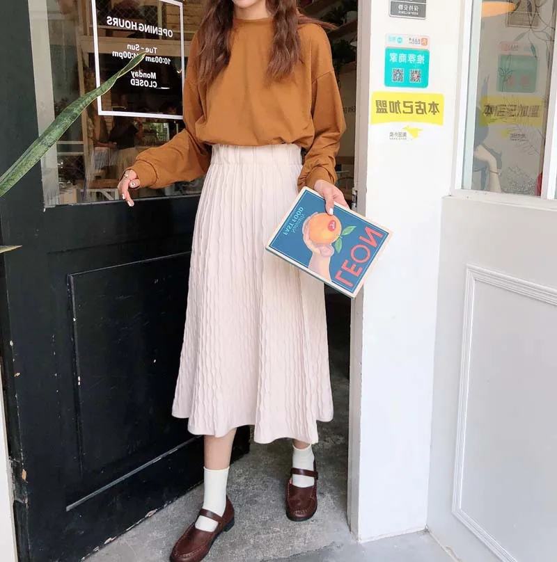 

Hong Kong Flavor Knitted Skirt Women's Autumn & Winter 2019 New Style Spring And Autumn Skirt High-waisted Mid-length A- line Bi