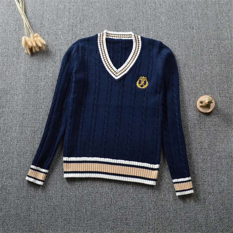 British School Uniform JK Sweater Cute Knitted New Sweater Cotton School Girls Uniform Tops Sweet Long Sleeve Blue White