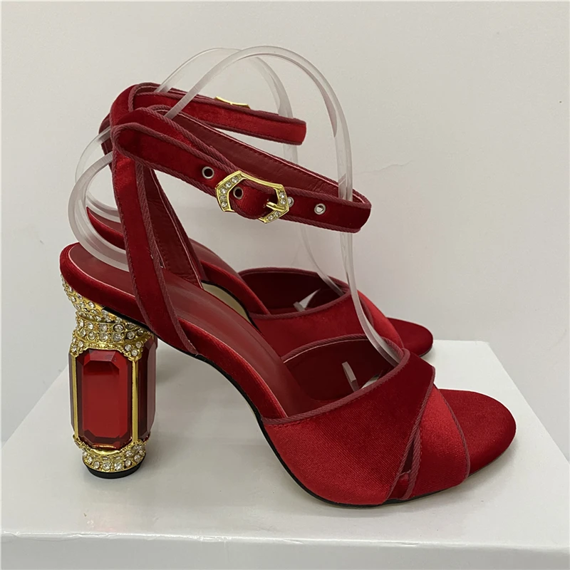 Women High Heels Luxury Velvet Diamond Heel Summer Cross Band Ankle Strappy Jeweled Party Sandals