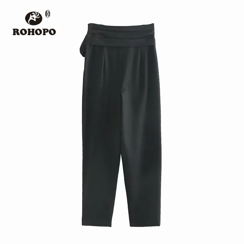 ROHOPO Bow Belted Chic Woman Black Pencil Pant Asymmetric Design Ladies Autumn Casual Trousers#1434