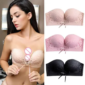 

Women Sexy Floral Lace Push Up Strapless Bra Drawstring Non-Slip Wedding Bandeau Y1AC