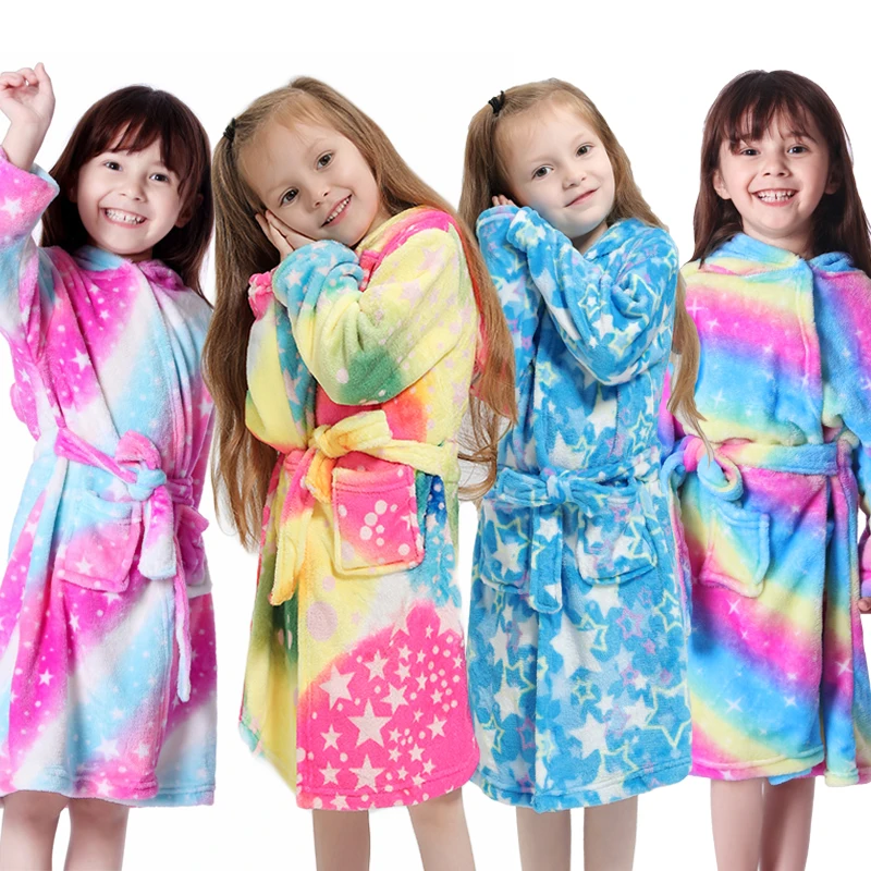 Новые зимние банные халаты для больших мальчиков и девочек, детские фланелевые пижамы с капюшоном и единорогом, длинные халаты для мальчиков-подростков, пижамы с героями мультфильмов