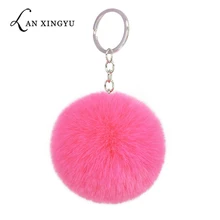 Faux rabbit pompom 8CM keychain artificial Rex rabbit fur pendant ladies bag plush hang car keyring accessories holiday gifts plus rabbit print faux fur pompom detail tee