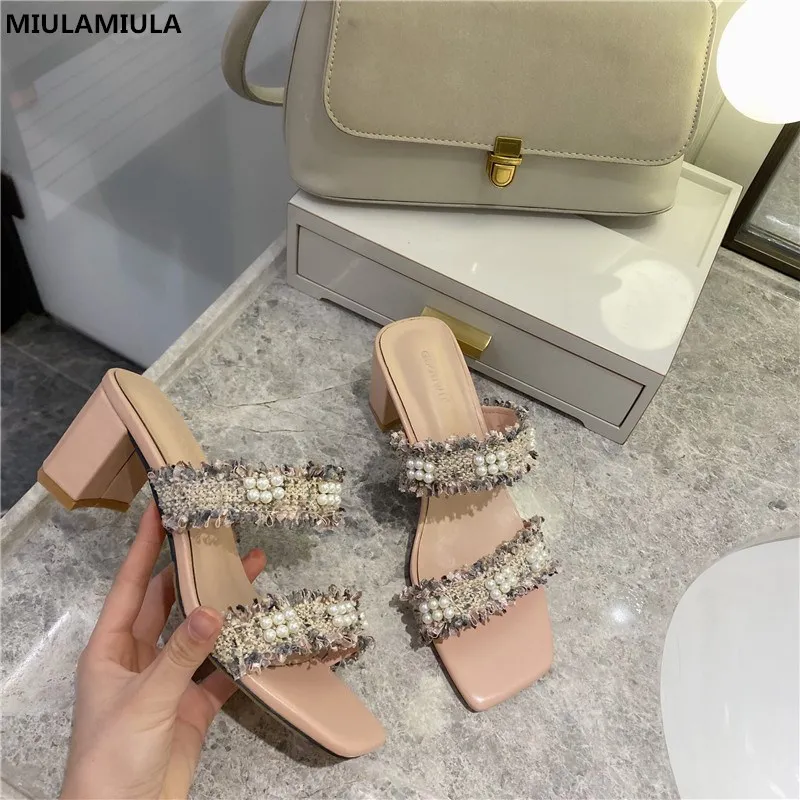 MIULAMIULA Brand Designer 2020 Summer Luxury String Bead Gingham Narrow Band High Heels Lady Pumps Mules Flip Flops Women Shoes | Обувь