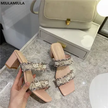 

MIULAMIULA Brand Designer 2020 Summer Luxury String Bead Gingham Narrow Band High Heels Lady Pumps Mules Flip Flops Women Shoes