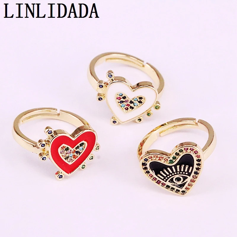 

8Pcs 2019 new top quality Rainbow CZ Micro Paved Enamel Heart Finger Rings for Women Jewelry Adjustable