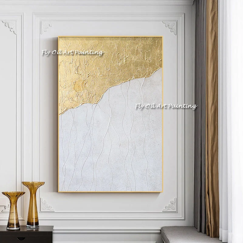 

Best 100% Handmade Thick Oil Painting Modern Abstract Gold Foil White On Canvas Large Wall Art Home Decor For Lving Room