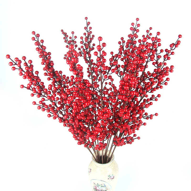 Frosted Artificial Berry Vivid Red Holly Berries Decorative Artificial Flowers