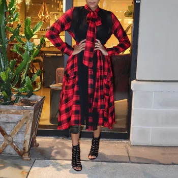 

AULEAT Sexy Transparent Mesh Patchwork Vintage Red Plaid Dress Fashion Office Ladies Retro Plus Size See Through Long Sleeve 50C