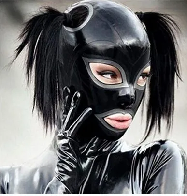 Black Sexy Latex Hood Mask Fetish Pull-through Holes Hair