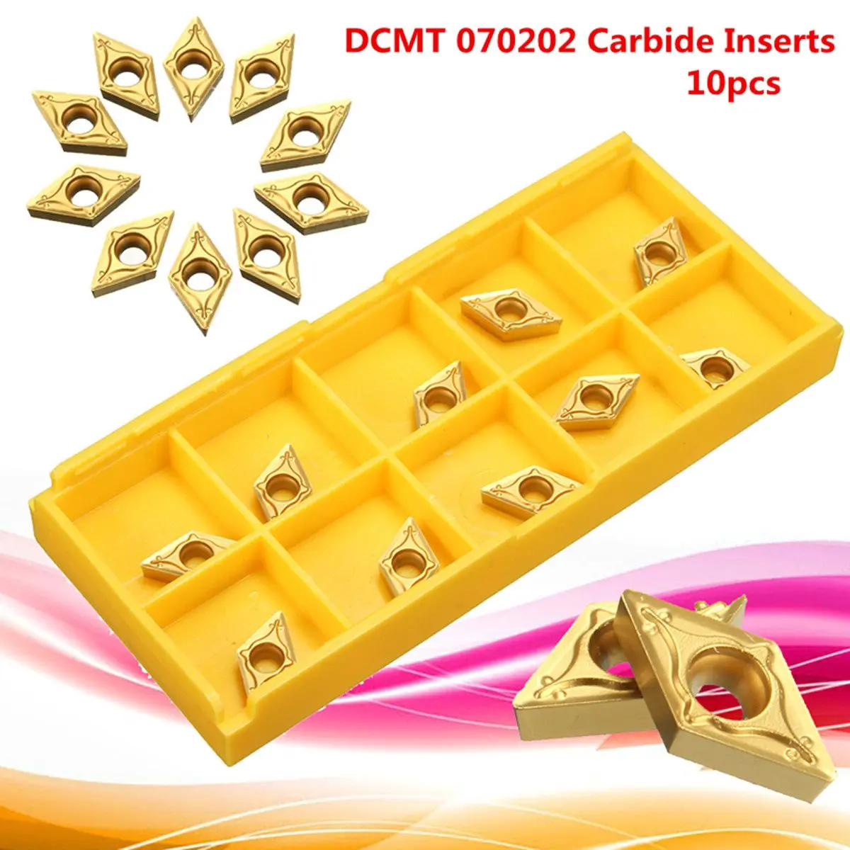 

10Pc/box DCMT 0702 TIN Carbide Inserts 7x7x2mm for Steel CNC Semi Finishing Gold