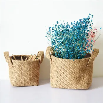 

Braided Jute Cloth Flowerpot Storage Basket Multifunction Cotton Linen Desktop Storage Box Sundries Organizer Laundry Basket