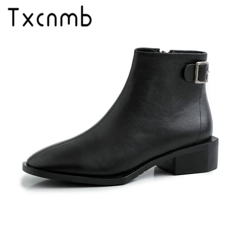 

TXCNMB Chelsea Boots Women Genuine Leather Round Toe Classic Ankle Booties Low Heel Autumn Winter Designer Ladies Shoes