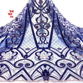 

Best Selling 2019 Products African Velvet Lace Fabric with Sequins High Quality French Mesh Lace for Party Dress Royal Blue