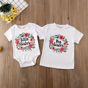 

Pudcoco Family Matching Clothes Cotton Big Sister T-shirt Little Sister Bodysuit Letter Print Floral Child Kids Clothes Outfits