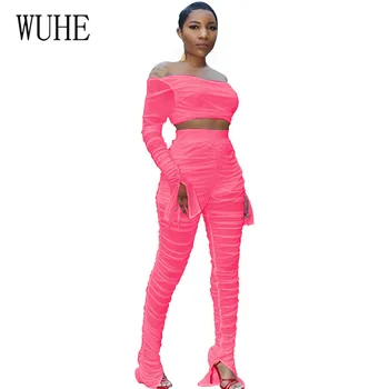 

WUHE Women See Through Mesh Playsuits Transparent Long Sleeve Pleated 2 Pieces Sets Sexy Jumpsuits Elegant Hollow Out Wear