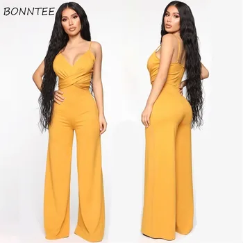 

Jumpsuits Women Sling Sleeveless High Tunic Waist Tight Wrap Hip Yellow Bodysuit Sexy Womens European Ladies Chic Charm Hot Soft