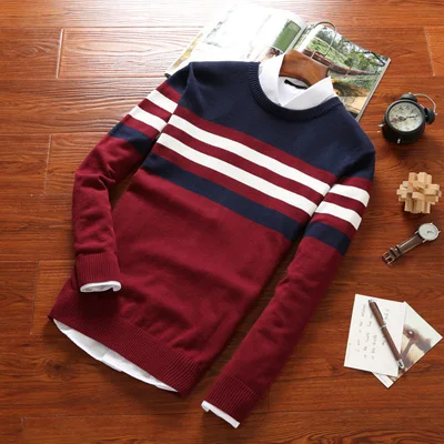DIMUSI, осенний мужской пуловер, свитера, Мужская водолазка, Повседневный свитер, мужской полосатый приталенный вязаный пуловер, брендовая одежда 4XL - Цвет: Red