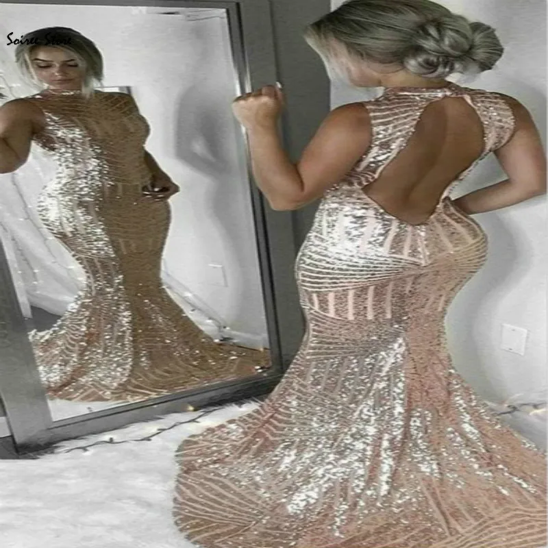 

Sparkly Rose Gold Prom Dresses Mermaid High Neck Sequins Evening Gowns Sexy Open Back Black Girls Prom Formal Dress Party Wear