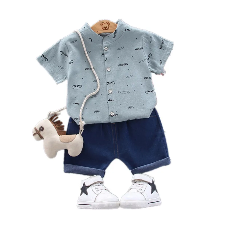 

New Baby Boys Out Clothes Summer Children Print Turtleneck T Shirt Denim Shorts 2Pcs/sets Infant Kids Fashion Toddler Tracksuits