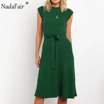 

Nadafair Short Sleeve Lace Up Elegant Rib Knitted Dress Women O Neck Solid Belt Casual Bodycon Midi Dress Summer