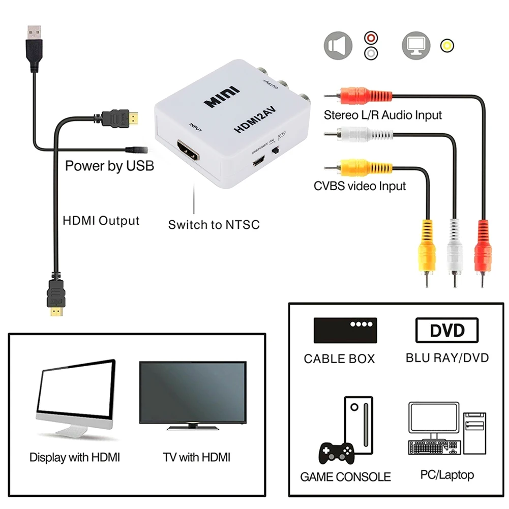 Адаптер HDMI в AV/RCA CVBS HD 1080P видео L/R аудио RCA преобразователь HDMI2AV поддержка NTSC PAL для