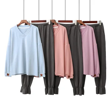 

Autumn Winter Toothpick Velvet Suit Female Embroidery Plus Size Contrast Color Cationic Warm Loose Casual Home Pijamas Women