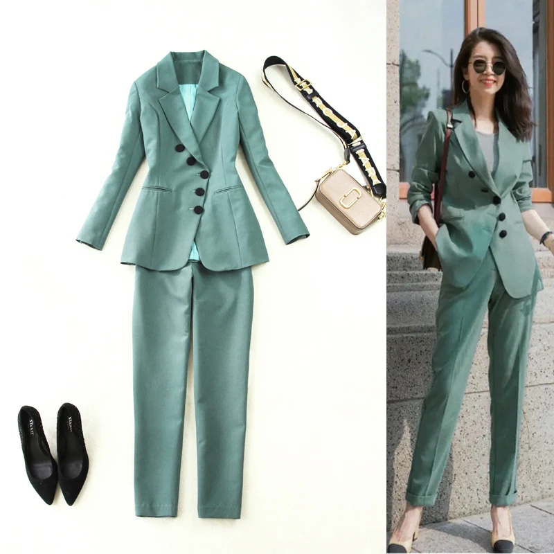 women's spring summer autumn winter OL Slim mid-length gray green blazer+ trousers pants set ladies office elegant pants suit