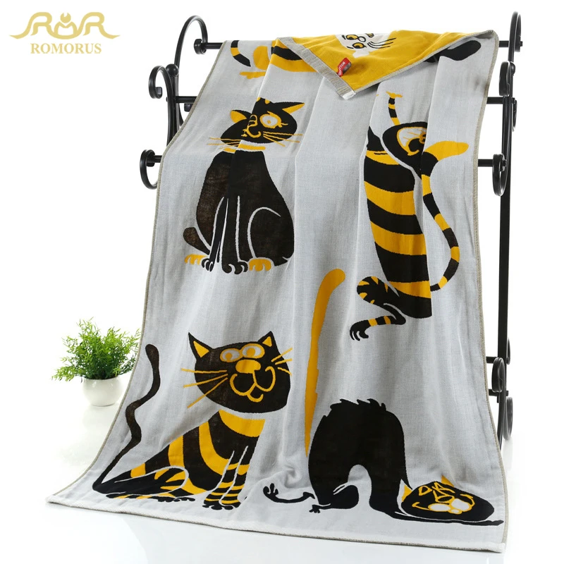 ROMORUS, хлопок, Марлевое банное полотенце с мультяшными котами для взрослых, Супер Мягкий банный халат, Большое пляжное полотенце, шаль, детское одеяло