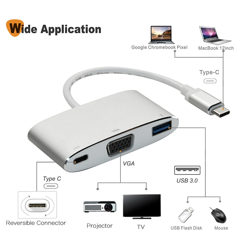 Кабель USB C концентратор VGA адаптер 3 в 1 USB C VGA USB 3,0 PD Тип C 3,1 конвертер 60 Гц для Macbook Chromebook адаптер C212