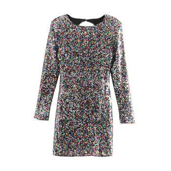 

Vintage Sexy Shining Sequined Mini Dress Women O Neck Long Sleeve Female Party Dresses Chic Vestidos Mujer 2020