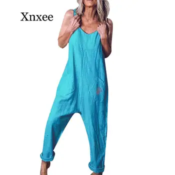 

Women Casual Jumpsuit Plus Size Sleeveless Cotton and Linen Soild Loose Sling Playsuit Jumsuit 5XL