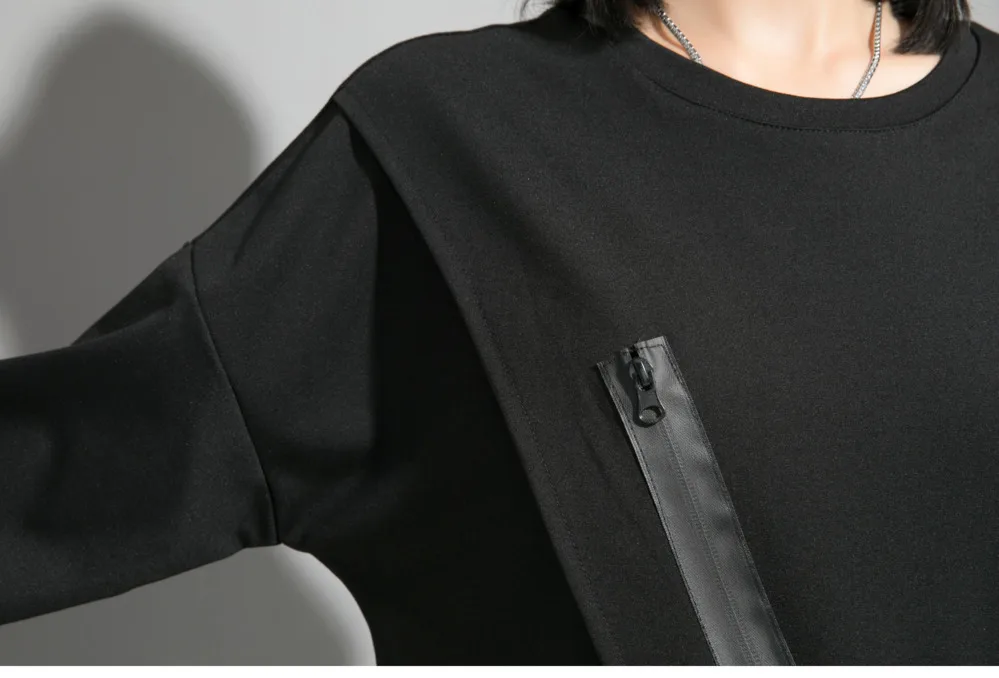 MEVGOHOT Autumn Black Women Long Oblique Ruffle Zipper T Shirt Plus Size Irregularity Fashion O-neck Cotton Tops Female HD2902