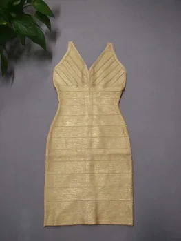 

Midi Summer New Women Dress Sleeveless V Neck Bandage Christmas Dress Sexy Bodycon Bronzing Celebrity Party Gold Dress