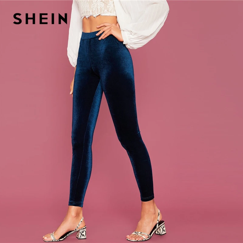 SHEIN abaya темно-синие бархатные укороченные Леггинсы с эластичной талией женские осенние зимние эластичные однотонные Гламурные леггинсы со средней талией