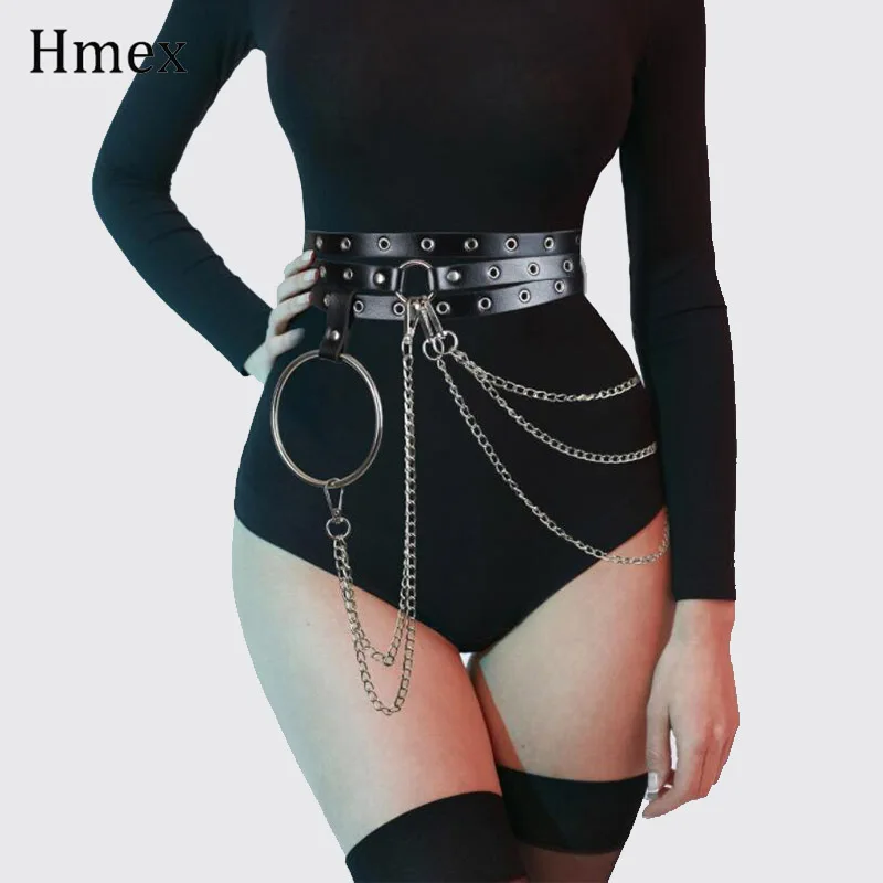 

Punk Unisex Pu Leather Harness Belts Women Metal Big O ring Waistband Jeans Waist Chain Buckle Ladies Strap Garter chain belt