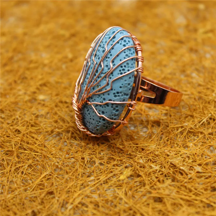 Blue 6pcs Wholesale 12pcs Natural Stone Multicolour Lava Rings Brass Wire Handmade Wrap Knot Kabbalah Treat Rings for Women Jewelry Free - Цвет основного камня: Blue 6pcs