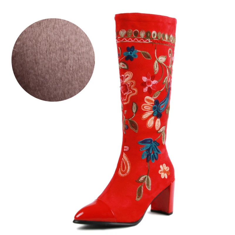 Red Velvet Lining Meotina/зимние сапоги до колена; женские высокие сапоги из натуральной кожи на высоком квадратном каблуке; женская обувь на молнии с вышитыми цветами; Цвет Красный - Color: Red Velvet Lining